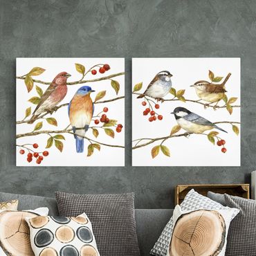 Leinwandbild 2-teilig - Vögel und Beeren Set I - Quadrate 1:1