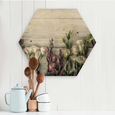 Hexagon Bild Holz - Tulpen-Rose Shabby Holzoptik