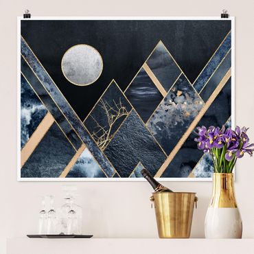 Poster - Goldener Mond abstrakte schwarze Berge - Querformat 3:4