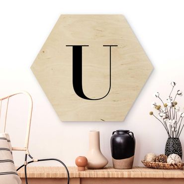 Hexagon Bild Holz - Buchstabe Serif Weiß U