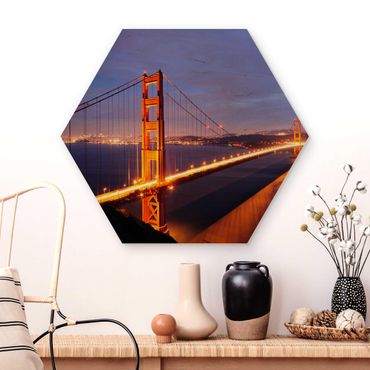 Hexagon Bild Holz - Golden Gate Bridge bei Nacht