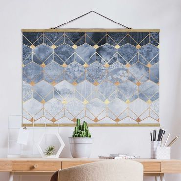 Stoffbild mit Posterleisten - Elisabeth Fredriksson - Blaue Geometrie goldenes Art Deco - Querformat 3:2