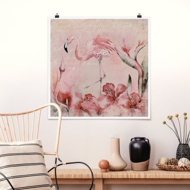 Poster - Shabby Chic Collage - Flamingo - Quadrat 1:1