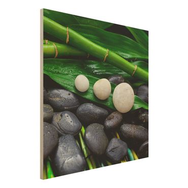 Holzbild - Grüner Bambus mit Zen Steinen - Quadrat 1:1