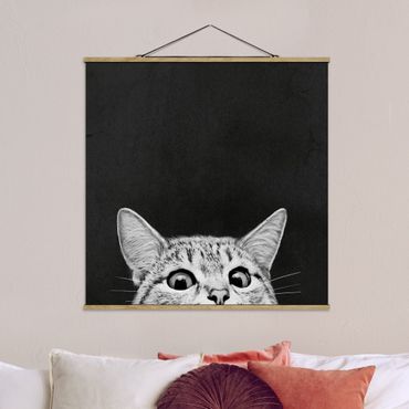 Stoffbild mit Posterleisten - Laura Graves - Illustration Katze Schwarz Weiß Zeichnung - Quadrat 1:1