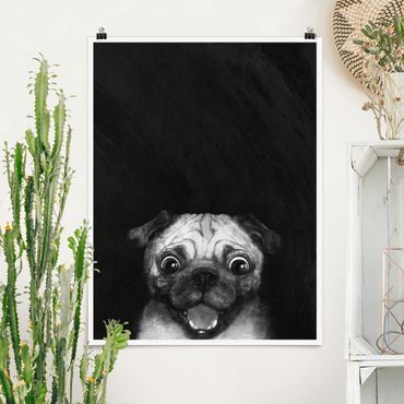 Illustration Hund Mops Malerei auf Schwarz Weiß Leinwandbild als Quadrat |  Bilderwelten