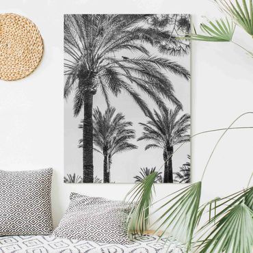Leinwandbild - Palmen im Sonnenuntergang Schwarz-Weiß - Hochformat 4:3
