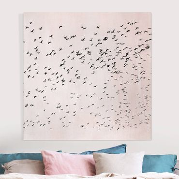 Leinwandbild - Vogelschwarm im Sonnenuntergang - Quadrat 1:1