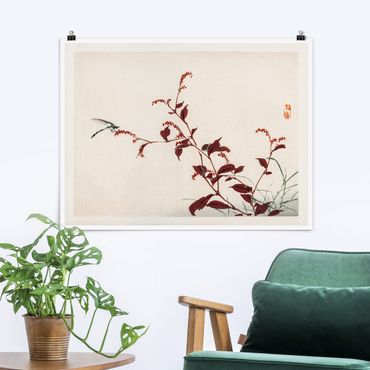 Poster - Asiatische Vintage Zeichnung Roter Zweig mit Libelle - Querformat 3:4