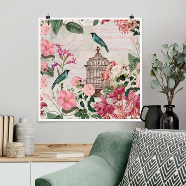 Poster - Shabby Chic Collage - Rosa Blüten und blaue Vögel - Quadrat 1:1