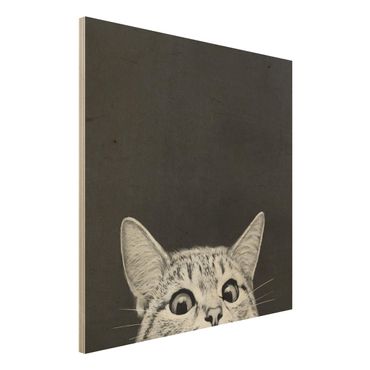 Holzbild - Illustration Katze Schwarz Weiß Zeichnung - Quadrat 1:1