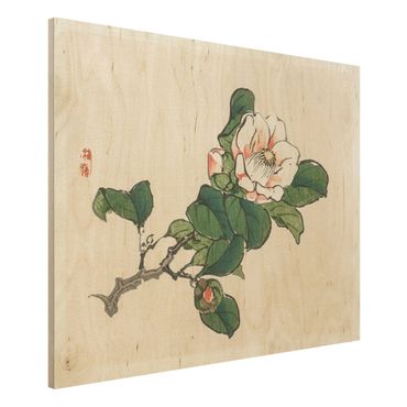 Holzbild - Asiatische Vintage Zeichnung Apfelblüte - Querformat 3:4