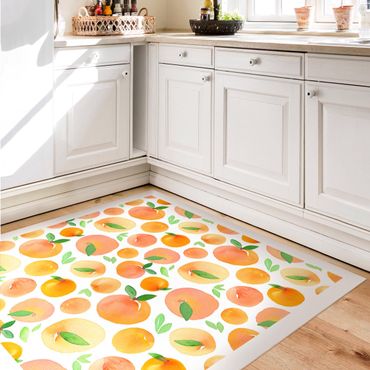 Vinyl-Teppich - Aquarell Orangen mit Blättern in weißem Rahmen - Quadrat 1:1