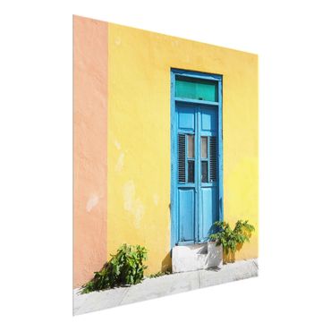Glasbild - Bunte Wand blaue Tür - Quadrat 1:1