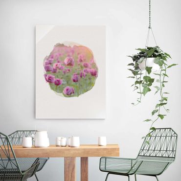 Glasbild - Wasserfarben - Violette Schlafmohn Blumenwiese im Frühling - Hochformat 4:3