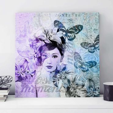 Glasbild - Shabby Chic Collage - Portrait mit Schmetterlingen - Quadrat 1:1