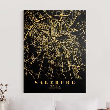 Leinwandbild Gold - Stadtplan Salzburg - Klassik Schwarz - Hochformat 3:4