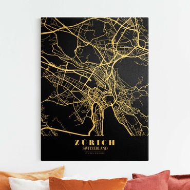 Leinwandbild Gold - Stadtplan Zürich - Klassik Schwarz - Hochformat 3:4