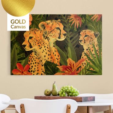 Leinwandbild Gold - Gepardentrio im Dschungel - Querformat 3:2