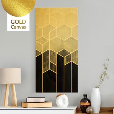 Leinwandbild Gold - Elisabeth Fredriksson - Goldene Geometrie - Sechsecke Schwarz Weiß - Hochformat 2:1