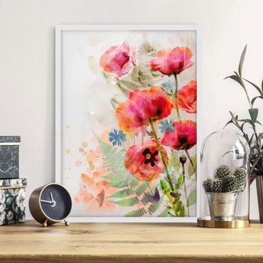 Bild mit Rahmen - Aquarell Blumen Mohn - 30cm x 40cm - Weiß