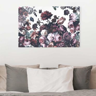 Glasbild - Altmeisterlicher Blumenrausch mit Rosen Bouquet - Querformat