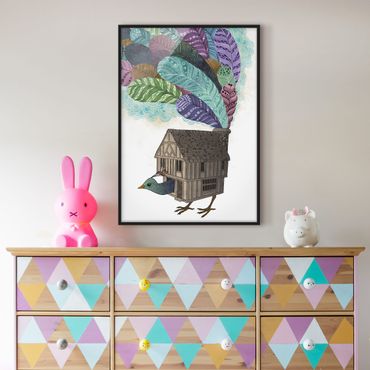 Bild mit Rahmen - Illustration Vogel Haus mit Federn - Hochformat 4:3