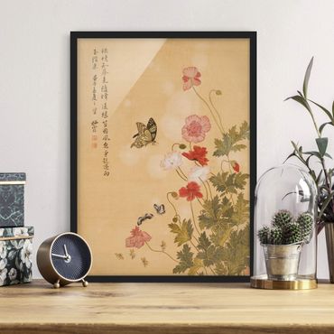 Bild mit Rahmen - Yuanyu Ma - Mohnblumen und Schmetterlinge - Hochformat 4:3