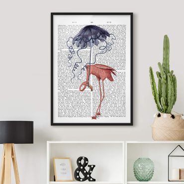 Bild mit Rahmen - Tierlektüre - Flamingo mit Regenschirm - Hochformat 4:3