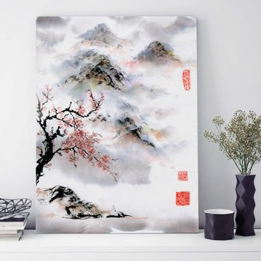 Glasbild - Japanische Aquarell Zeichnung Kirschbaum und Berge - Hochformat 4:3
