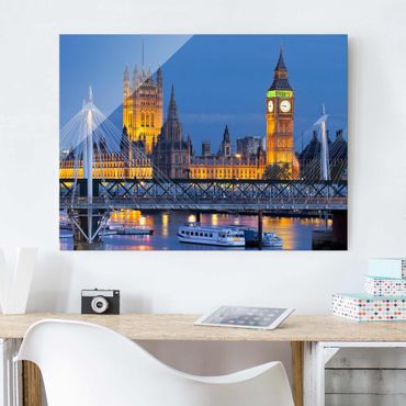 Glasbild - Big Ben und Westminster Palace in London bei Nacht - Quer 4:3