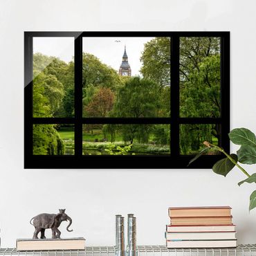 Glasbild - Fensterblick über St. James Park auf Big Ben - Quer 3:2