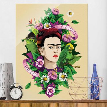 Glasbild - Frida Kahlo - Frida, Äffchen und Papagei - Hochformat 3:4