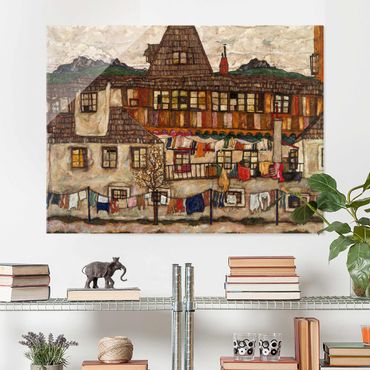 Glasbild - Kunstdruck Egon Schiele - Häuser mit trocknender Wäsche - Quer 4:3