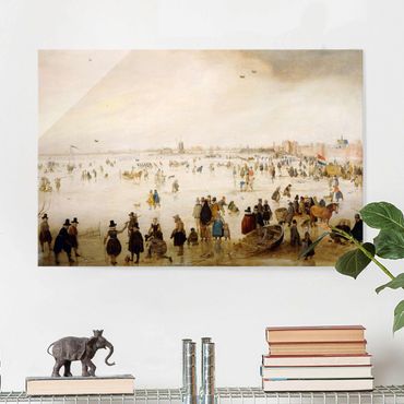 Glasbild - Kunstdruck Hendrick Avercamp - Der Broederpoort in Kampen, mit Schlittschuhläufern und Kolfspielern - Quer 3:2