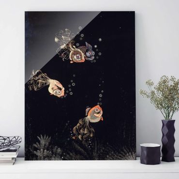 Glasbild - Kunstdruck Jean Dunand - Unterwasser-Szene mit rotem und goldenem Fisch, Luftblasen ausstoßend - Hoch 3:4