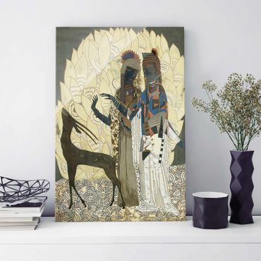Glasbild - Kunstdruck Jean Dunand - Zwei stilisierte Frauen mit einer Antilope und Blattwerk - Hoch 2:3