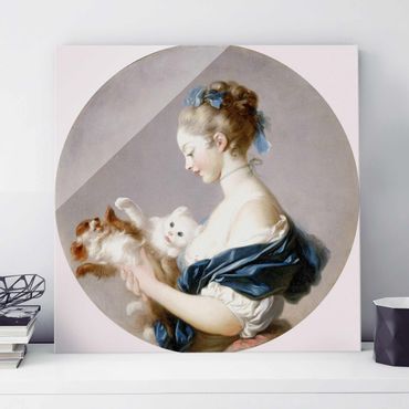 Glasbild - Kunstdruck Jean Honoré Fragonard - Mädchen mit einem Hund und einer Katze spielend - Quadrat 1:1
