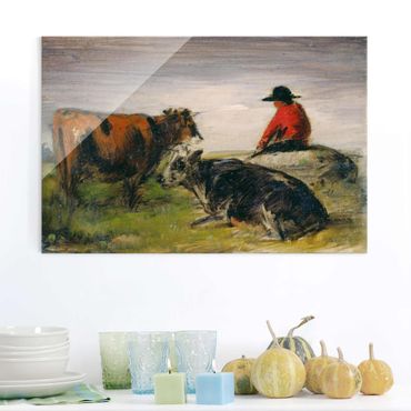 Glasbild - Kunstdruck Wilhelm Busch - Hirte mit Kühen - Quer 3:2