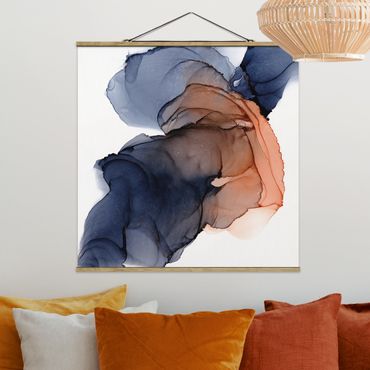 Stoffbild mit Posterleisten - Ozeantropfen Blau-Orange mit Gold - Quadrat 1:1