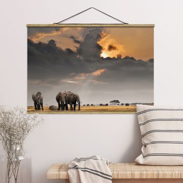 Stoffbild mit Posterleisten - Elefanten der Savanne - Querformat 3:2