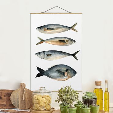 Stoffbild mit Posterleisten - Vier Fische in Aquarell I - Hochformat 2:3
