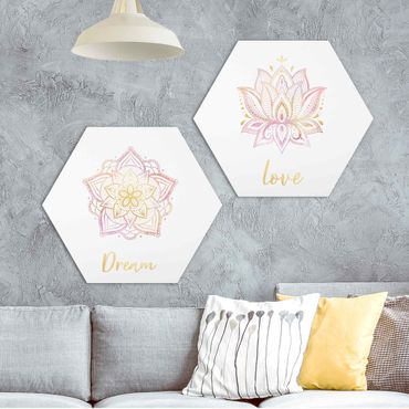 Hexagon Bild Alu-Dibond 2-teilig - Mandala Dream Love Set Gold Rosa