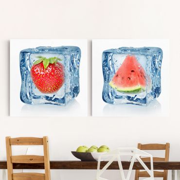 Leinwandbild 2-teilig - Erdbeere und Melone im Eiswürfel - Quadrate 1:1