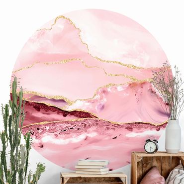 Runde Tapete selbstklebend - Abstrakte Berge Rosa mit Goldenen Linien