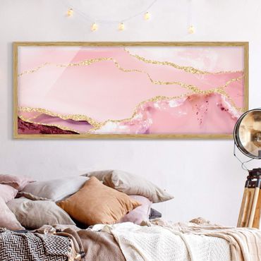 Bild mit Rahmen - Abstrakte Berge Rosa mit Goldenen Linien - Panorama 3:1