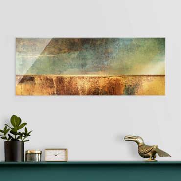 Glasbild - Abstraktes Seeufer in Gold - Panorama 5:2