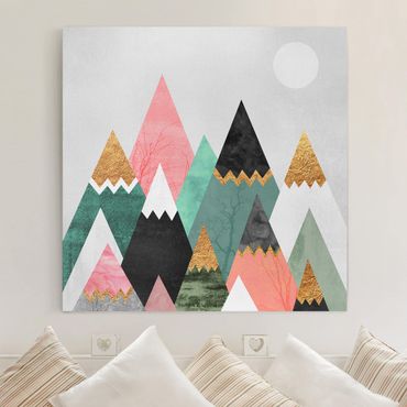Leinwandbild - Dreieckige Berge mit Goldspitzen - Quadrat 1:1