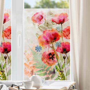 Fensterfolie - Sichtschutz - Aquarell Blumen Mohn - Fensterbilder