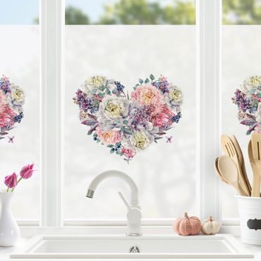 Fensterfolie - Sichtschutz - Aquarell Herz Blüten Bouquet - Fensterbilder